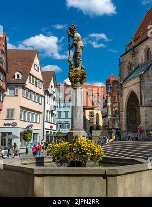 Marktplatz mit Brunnen vor der Stiftskirche Tübingen. Baden Württemberg, Deutschland, Europa Stockfoto