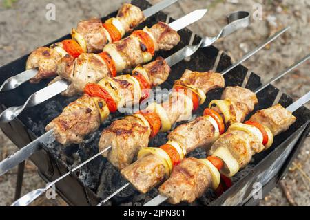 Gegrilltes, gebratenes Schweinefleisch, Fleischstücke auf Spieße. Prozess des Kochens von mariniertem Fleisch mit Gewürzen, Zwiebeln und Tomaten. Picknick im Freien, Grill. Rindfleisch Stockfoto