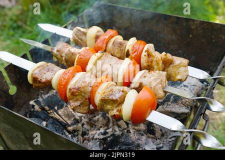 Marinierte Fleischstücke mit Tomaten und Zwiebeln auf Metallspießen, die auf einem Barbecue-Grill über Holzkohle gescookt wurden. Döner auf Holzkohleffeuer gegrillt. Stockfoto