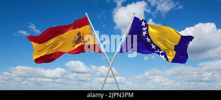Zwei gekreuzte Flaggen Bosnien und Herzegowina und spanien winken im Wind bei bewölktem Himmel. Konzept der Beziehung, des Dialogs, des Reisens zwischen zwei Ländern. 3D Stockfoto