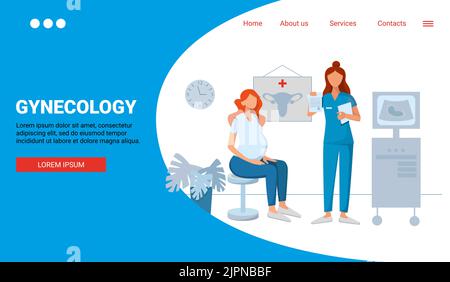 Inschrift Gynäkologie Schwangeres Mädchen bei den Ärzten Termin mit einem Ultraschall-Arzt gibt die Ergebnisse einer Ultraschalluntersuchung Landing Page Stock Vektor
