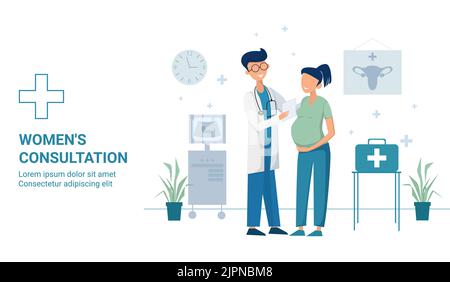 Inschrift weibliche Beratung medizinische Kreuzzeichen Ultraschall-Maschine und gynäkologischen Plakat Schwangeren Patienten bei der Ärzte Termin Stock Vektor