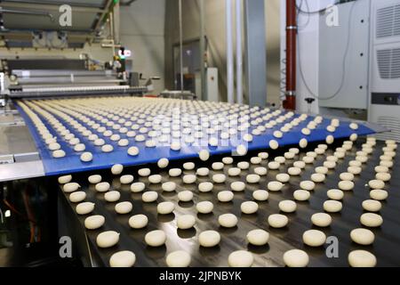 Nahaufnahme der automatisierten Keks Cookies Form Formmaschine. Selektiver Fokus. Maschine zur Herstellung von Cookies in der Fabrik. Förderband mit Cookie dou Stockfoto