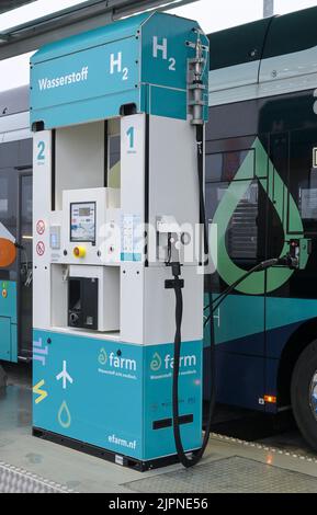 DEUTSCHLAND, Niebuell, Caetano Bus powered with Green Hydrogene H2 Fuel, e-Farm H2 Fuel Station, the Wasserstoff is generated from Wind Energy / DEUTSCHLAND, Niebüll, Wasserstoff Tankstelle, Caetano Bus mit Wasserstoff H2 Antrieb, betrieben im öffentlichen Nahverkehr von der DB Tochterfirma Autokraft, Der grüne Wasserstoff aus Windenergie wird von GP Joule geliefert Stockfoto