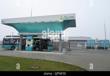 DEUTSCHLAND, Niebuell, Caetano Bus powered with Green Hydrogene H2 Fuel, e-Farm H2 Fuel Station, the Wasserstoffes is generated from wind Energy / DEUTSCHLAND, Niebüll, Caetano Bus mit Wasserstoff Antrieb, betrieben im öffentlichen Nahverkehr von der DB Tochterfirma Autokraft, der grüne Wasserstoff aus Windenergie wird von GP Joule geliefert, Efarm H2 Tankstelle Stockfoto