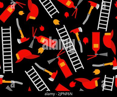 Feuerwehrmann Set Muster nahtlos. Feuerlöscher und Axt Hintergrund. Leiter und Feuerwehrhelm Textur Stock Vektor