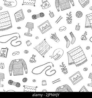 Nahtloses Schwarz-Weiß-Muster mit Doodle-Umrisssymbolen im skandinavischen Stil. Nordischer Lifestyle-Hintergrund. Stock Vektor