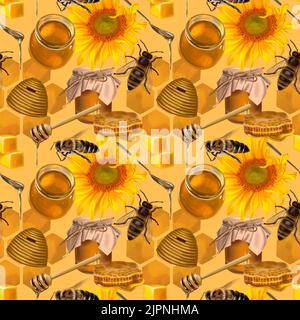 Realistisches, nahtloses Muster aus Honigbienen, Honigdosen, Bienenstock, Sonnenblume, Honigwabe und Honiglöffel. Aquarelldarstellung Stockfoto