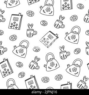 Schwarz-weiß nahtlose Muster mit Doodle Umriss Teekannen, Tassen, Cookies und Bücher im skandinavischen Stil. Stock Vektor