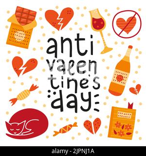 Poster mit bunten Kritzeleien und Schriftzug Anti Valentinstag auf weißem Hintergrund. Stock Vektor