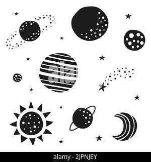 Set von Doodle-Planeten, Sterne, Mond, Sonne Symbole isoliert auf weißem Hintergrund. Stock Vektor