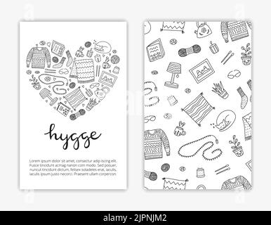 Kartenvorlagen mit Doodle umreißen Hygge-Icons im skandinavischen Stil. Verwendete Begrenzungsmaske. Stock Vektor