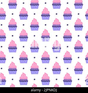 Einfaches nahtloses Muster mit bunten Doodle Cupcakes und Punkten. Stock Vektor