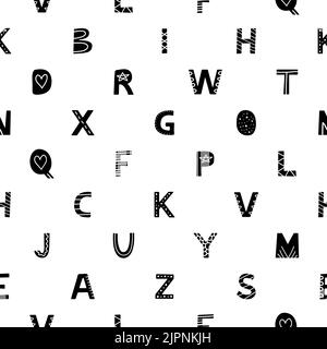Nahtloses Schwarz-Weiß-Muster mit englischem Alphabet im skandinavischen Stil. Stock Vektor