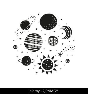 Doodle Planeten, Sterne, Mond, Sonne Symbole in Kreisform zusammengesetzt. Stock Vektor