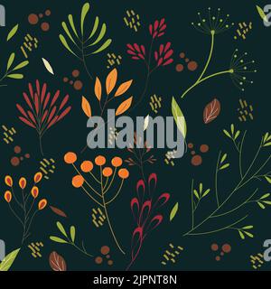 Set aus verschiedenen Herbstblättern, kleinen Blumen und botanischen auf dunklem Hintergrund, Dekoration für Karten, Verpackung, Einladungen, Poster Grüße, Co Stockfoto