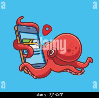 Nette Krake auf der Suche nach Karten Route. Isolierte Cartoon Tier Illustration. Flat Style Sticker Icon Design Premium Logo Vektor. Maskottchen-Charakter Stock Vektor