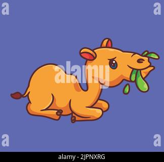 Nettes Kamel essen Gras sitzen. Isoliert Cartoon Tier Illustration. Flat Style Sticker Icon Design Premium Logo Vektor. Maskottchen-Charakter Stock Vektor