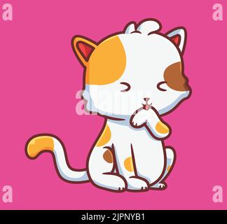 Nette Katze leckt seine Haare. Isolierte Cartoon Tier Illustration. Flat Style Sticker Icon Design Premium Logo Vektor. Maskottchen-Charakter Stock Vektor