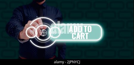 Textunterschrift präsentieren in den Warenkorb, Internet-Konzept Online-Einkauf E-Commerce moderne Technologien zum Shop Geschäftsmann in Anzug halten Tablet Symbo Stockfoto