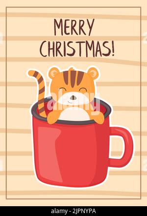 Lustige Tiger in der Tasse Charakter weihnachten Grußkarte im Cartoon-Stil Stock Vektor