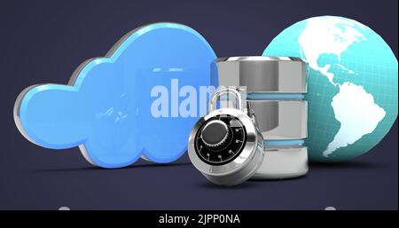 Datenverarbeitung mit binärer Codierung über Datenbankserver, Globus und Cloud-Symbol vor violettem Hintergrund Stockfoto