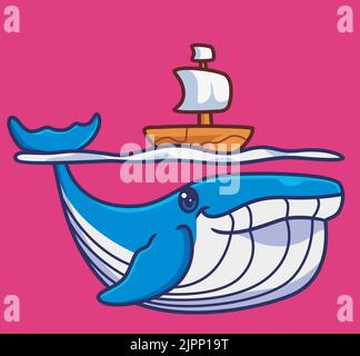 Niedlicher blauer Wal mit einem Boot. Isolierte Cartoon-Tier-Illustration. Flat Style Sticker Icon Design Premium Logo Vektor. Maskottchen-Charakter Stock Vektor