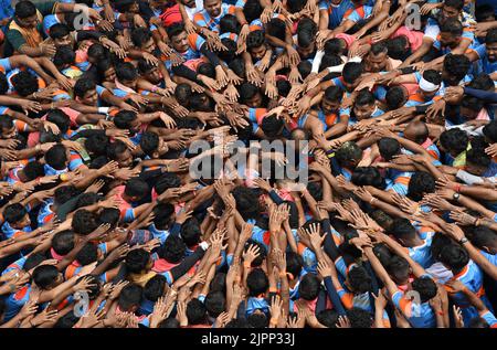 Mumbai, Indien. 19. August 2022. Hinduistische Anhänger versammeln sich, um Dahi handi (irdischer Topf gefüllt mit Quark) während des Janmashtami-Festivals in Mumbai zu brechen. Janmashtami wird gefeiert, um die Geburt von Lord Krishna zu markieren. Hinduistische Anhänger versammeln sich auf den Straßen und bilden akrobatische Pyramiden, um Dahi handi (irdischer Topf mit Quark gefüllt) zu brechen, um den Anlass zu feiern. Kredit: SOPA Images Limited/Alamy Live Nachrichten Stockfoto