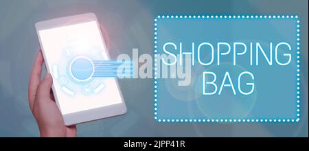 Textunterschrift präsentiert Einkaufstasche, Wort für Behälter zum Tragen von persönlichen Besitztümern oder Käufe Geschäftsmann mit Einem Tablet Anzeige Ziffer Stockfoto