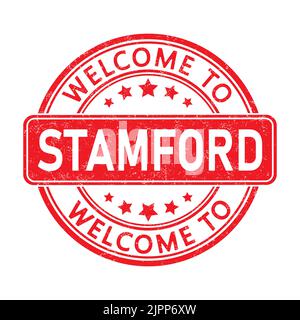 Willkommen in STAMFORD. Abdruck einer runden Marke mit einem Abrieb. Flacher Style Stock Vektor