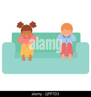 Ein Junge und ein Mädchen sitzen auf der Couch und weinen. Kinderschutz, häusliche Gewalt. Stock Vektor
