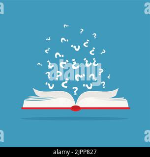 Öffnen Sie das schwarze Buch mit schwarzen Fragezeichen. Isoliert auf weißem Hintergrund. Symbol für das Lesen flacher Vektoren. Unbekanntes Piktogramm des Buches. Symbol "Fragen". Curi Stock Vektor
