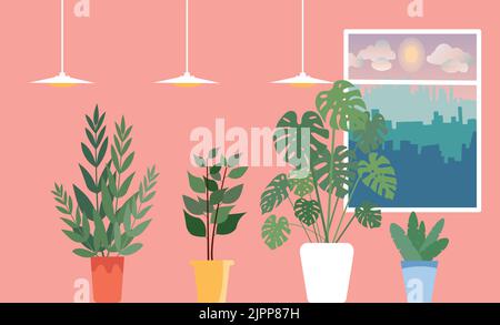 Monstera im Zimmer. Schöne Aussicht vom Fenster. Zimmereinrichtung. Stock Vektor