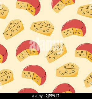 Käse mit Löchern von Hand gezeichnetes nahtloses Muster. Landwirtschaftsprodukt im flachen Stil. Vektorgrafik. Stock Vektor