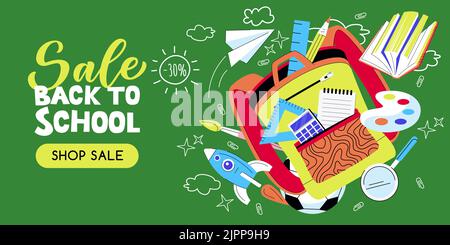 Offener farbenfroher Schulrucksack mit fliegender Rakete, Büchern, Bleistiften und Papeterie. Zurück zur Schule Verkauf Banner oder Poster Design-Vorlage. Vector flaches Auto Stock Vektor