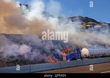 Mitte august 2022 begann ein Brushfeuer am Straßenrand auf der Interstate 84 in der Nähe der Stadt Arlington, Oregon. Stockfoto