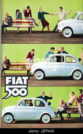 1959 , Italien : die italienische Automobilindustrie FIAT ( F.I.A.T. frabbrica Ithiana Automobili Torino ) Werbung für das neue erfolgreiche Modell 500 FIAT . - GIANNI AGNELLI - Automobil - Autos - anni 50 - '50 - 50er - utilitaria - industria - pubblicità ---- Archivio GBB Stockfoto