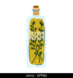 Vektor-Illustration von Glas mit Olivenöl und Kräutern in Cartoon-flachen Stil. Mediterrane Küche, gesunde Ernährung, Ölflasche, Zutaten für Stock Vektor