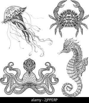 Meerestiere Seepferdchen Oktopus Quallen und Krabben Doodle Symbole gesetzt Schwarze Linie Design abstrakten Vektor isolierte Illustration Stock Vektor