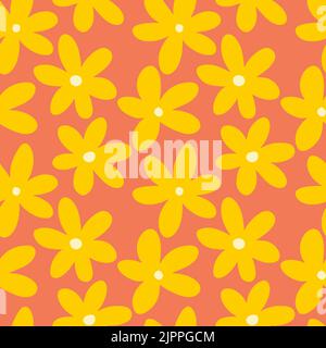 Auffälliges, grooviges Retro-Design mit gelben Blüten auf orangefarbenem Hintergrund. Sommerdruck im 70er- und 60er-Stil. Stock Vektor