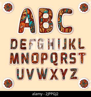 Zentangle Alphabet mit schön strukturierten Kunstdesign für Buchstaben verwendet Sticker Set farbige glänzende abstrakte Vektor-Illustration Stock Vektor