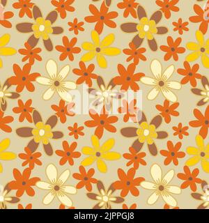 Orangefarbene und gelbe Blüten auf beigem Hintergrund. Sommerdruck im Retro-Stil der 70er und 60er Jahre. Stock Vektor