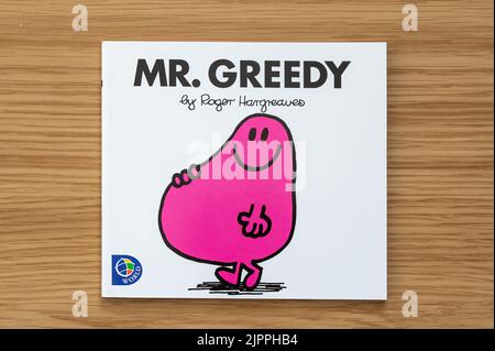 CHESTER, VEREINIGTES KÖNIGREICH - JULI 31. 2022: Mr Greedy, Titelbild der Buchreihe Mr Men Stockfoto
