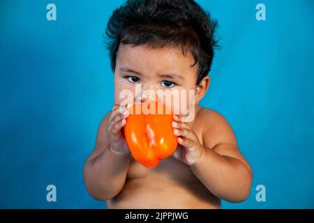 Nahaufnahme eines gesunden indianischen Babys, das aus dem Santa Clara Pueblo in New Mexico stammt, isst einen großen orangen Paprika Stockfoto
