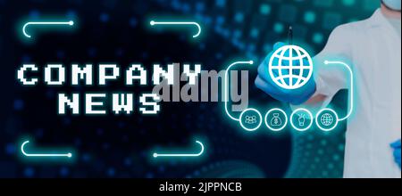 Textschild mit Unternehmensnachrichten, Konzeptfoto Neueste Informationen und Ereignisse auf einem Unternehmen Unternehmensbericht Doktor zeigt auf Digital S in Futur Stockfoto