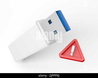 USB-Flash-Laufwerk auf weißem Hintergrund isoliert. Warnschild. USB-Stick. 3D Abbildung. Stockfoto