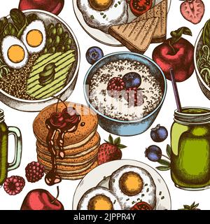 Frühstück nahtlose Muster Hintergrund-Design. Gravierte Ausführung. Handgezogene Pfannkuchen, Schüssel mit Avocado, Haferbrei mit Beeren, Spiegeleier, Himbeere Stock Vektor