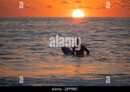 Silhouette des Surfers, der auf der Schlange auf eine Welle bei Sonnenaufgang oder Sonnenuntergang wartet Stockfoto