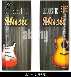 Musik vertikale Bannerset mit elektrischen und akustischen Gitarren auf Holzhintergrund isoliert Vektor-Illustration Stock Vektor