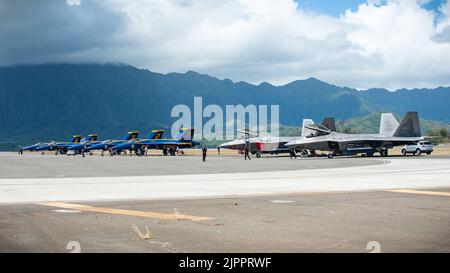 Die U.S. Navy Blue Angels F/A-18 Super Hornets und die U.S. Air Force F-22 Raptors werden während der Kaneohe Bay Air Show auf der Marine Corps Base Hawaii ausgestellt. Die Raptors werden dem 199. Fighter Squadron der Hawaii Air National Guard auf der Joint-Base Pearl Harbor-Hickam zugewiesen und wurden während der gesamten Flugshow von Mitgliedern des F-22 Demonstrationsteams betrieben. Die Veranstaltung wurde abgehalten, um die langjährigen Beziehungen des Militärs zur lokalen Gemeinschaft zu feiern und der Öffentlichkeit die Gelegenheit zu geben, die Fähigkeiten der gemeinsamen Truppe zu erleben. (USA Foto der Air National Guard von Staff Sgt. John Linzmeier) Stockfoto